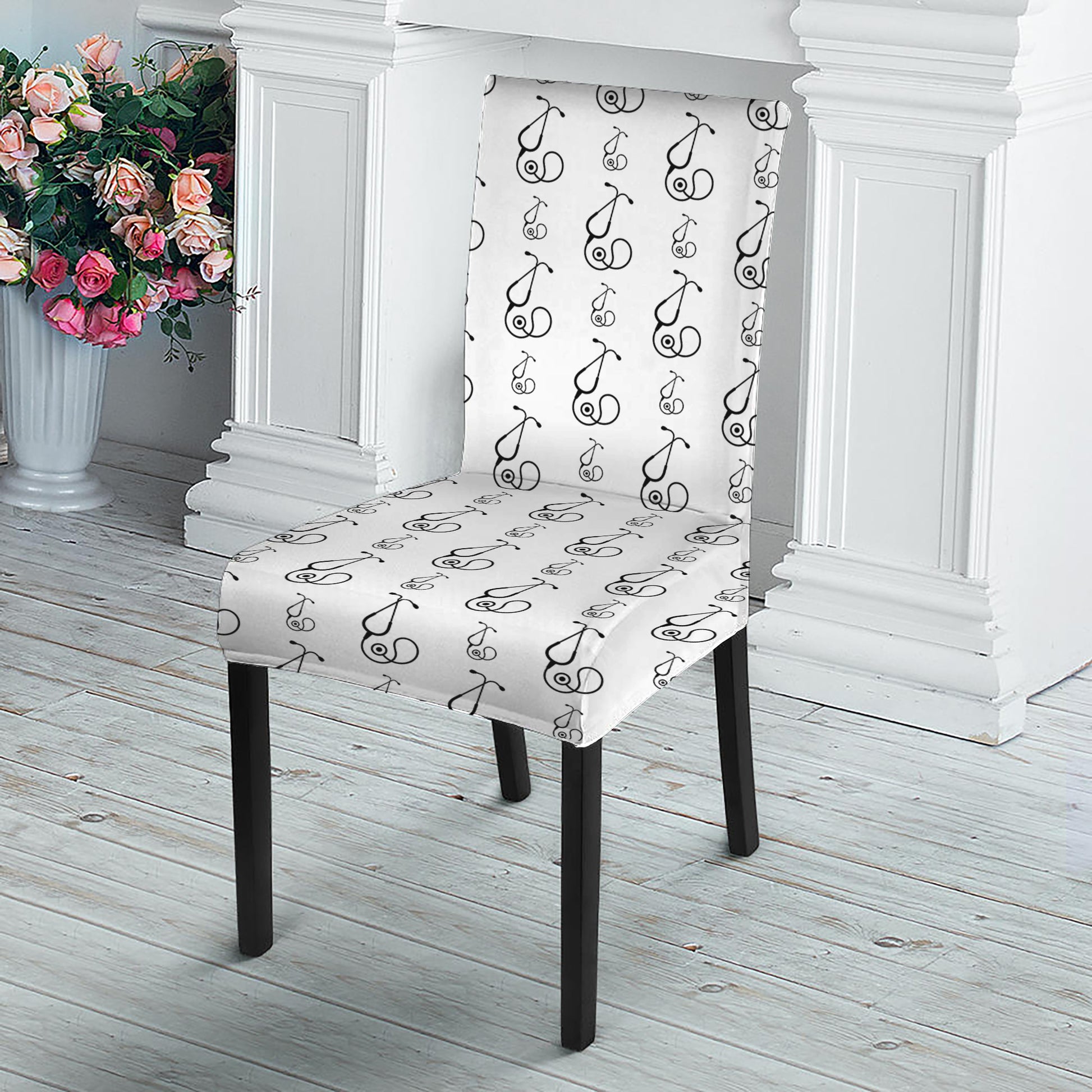 White And Black Stethoscope Print Dining Chair Slipcover