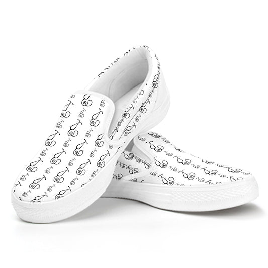 White And Black Stethoscope Print White Slip On Shoes