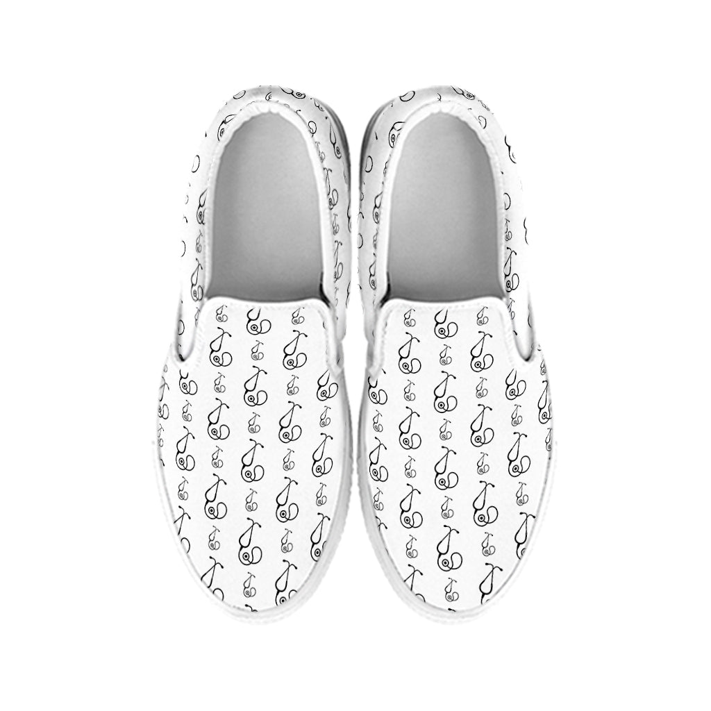 White And Black Stethoscope Print White Slip On Shoes