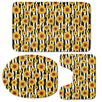 White And Black Stripe Sunflower Print 3 Piece Bath Mat Set