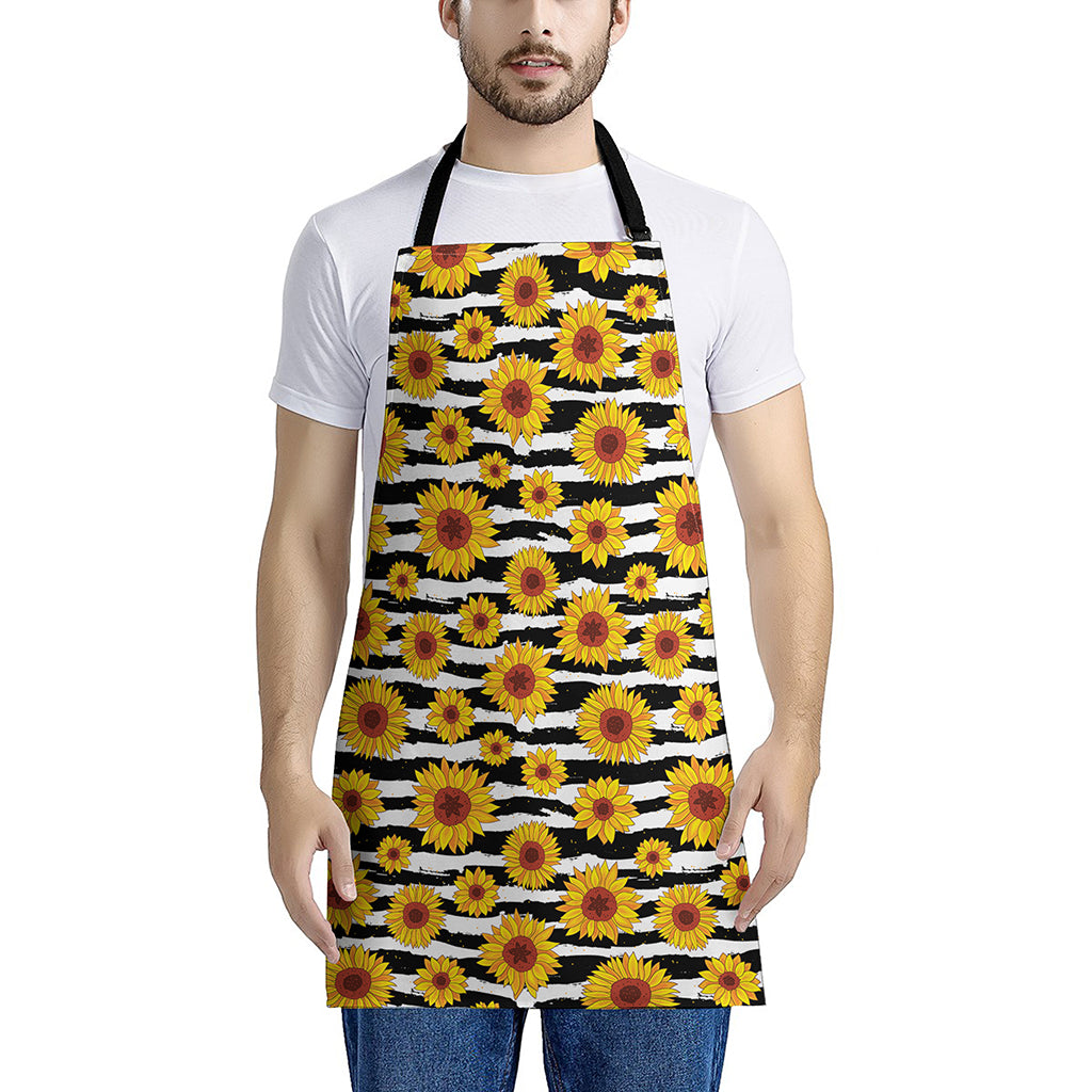 White And Black Stripe Sunflower Print Apron