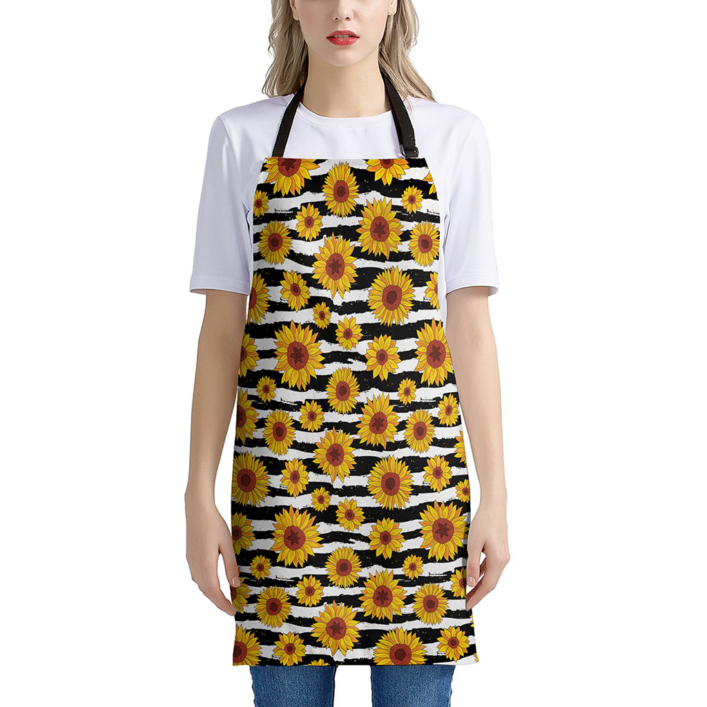 White And Black Stripe Sunflower Print Apron