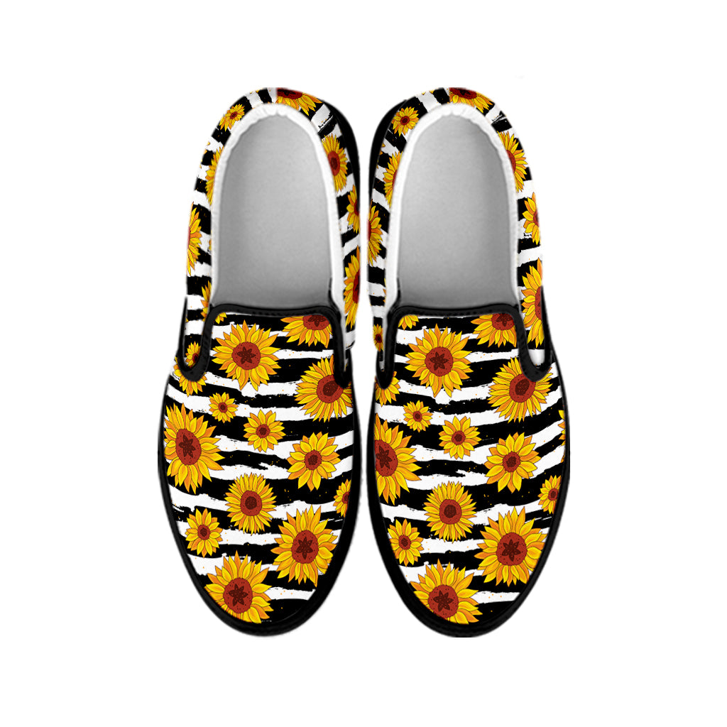White And Black Stripe Sunflower Print Black Slip On Shoes