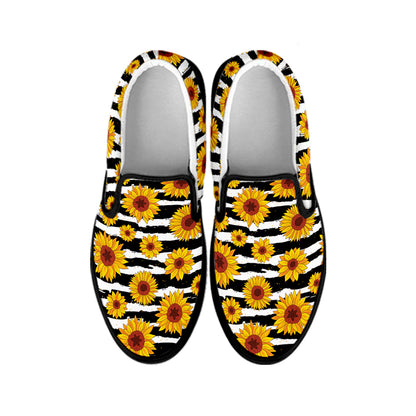 White And Black Stripe Sunflower Print Black Slip On Shoes