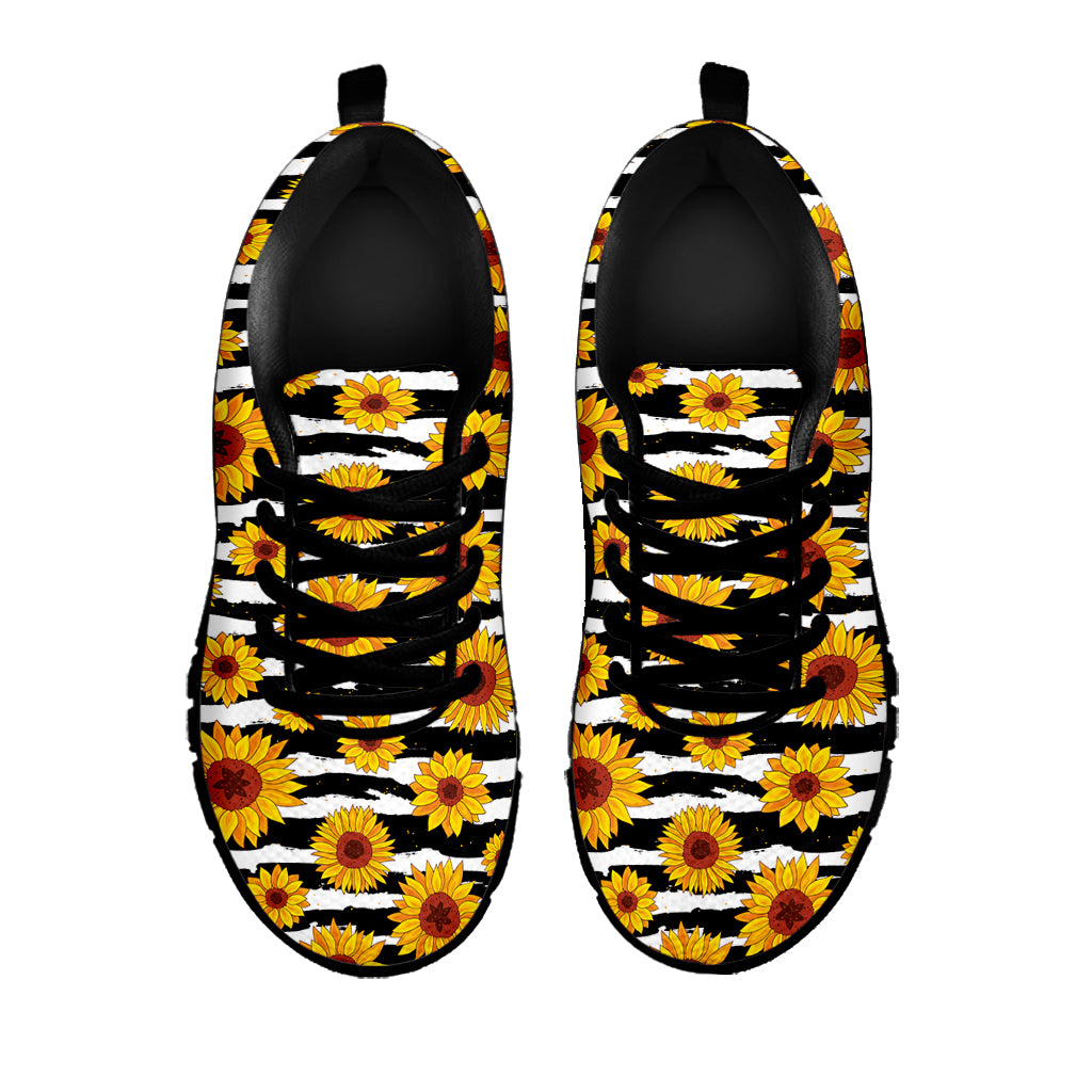 White And Black Stripe Sunflower Print Black Sneakers