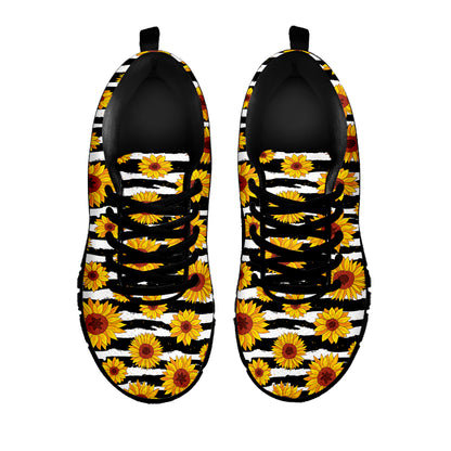 White And Black Stripe Sunflower Print Black Sneakers