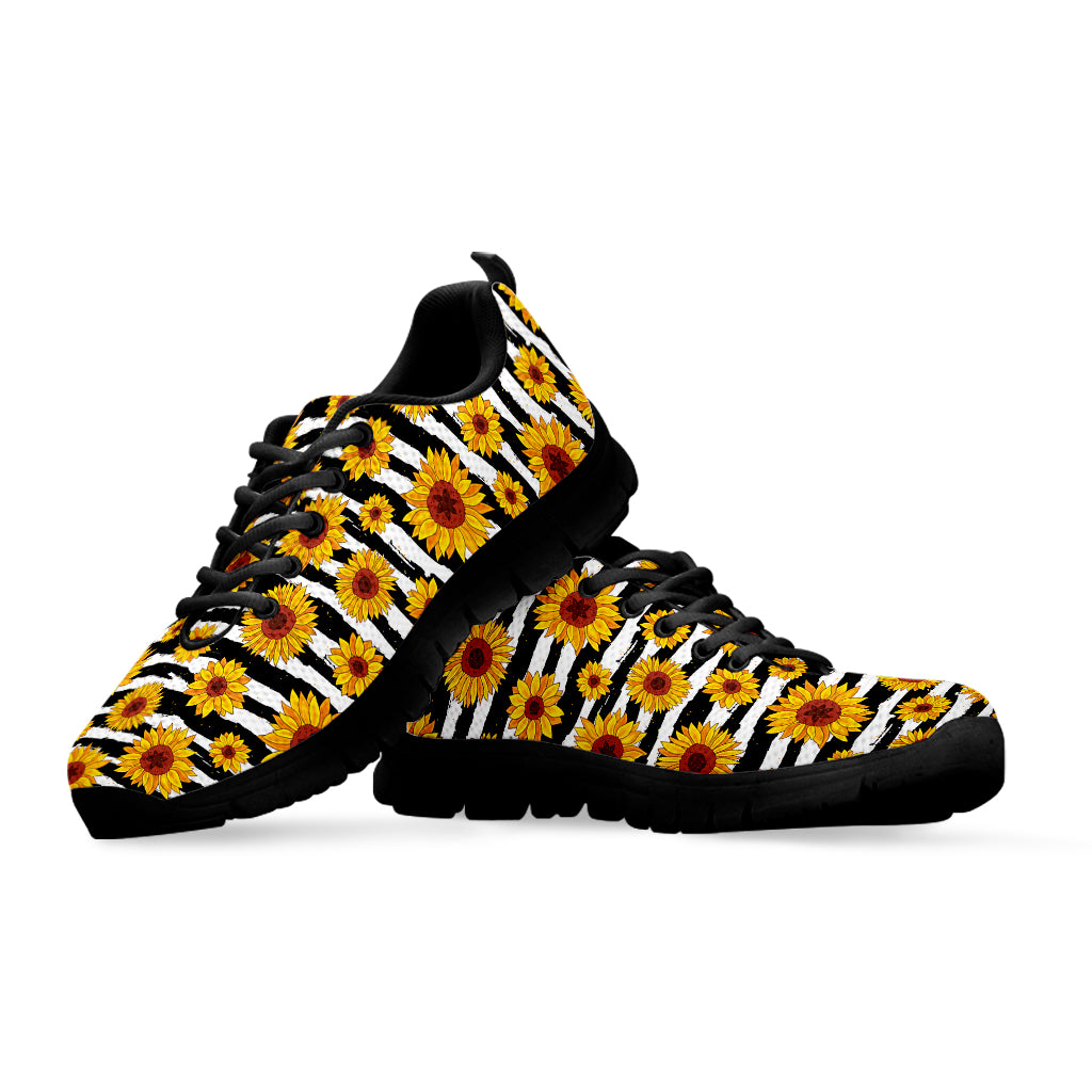 White And Black Stripe Sunflower Print Black Sneakers