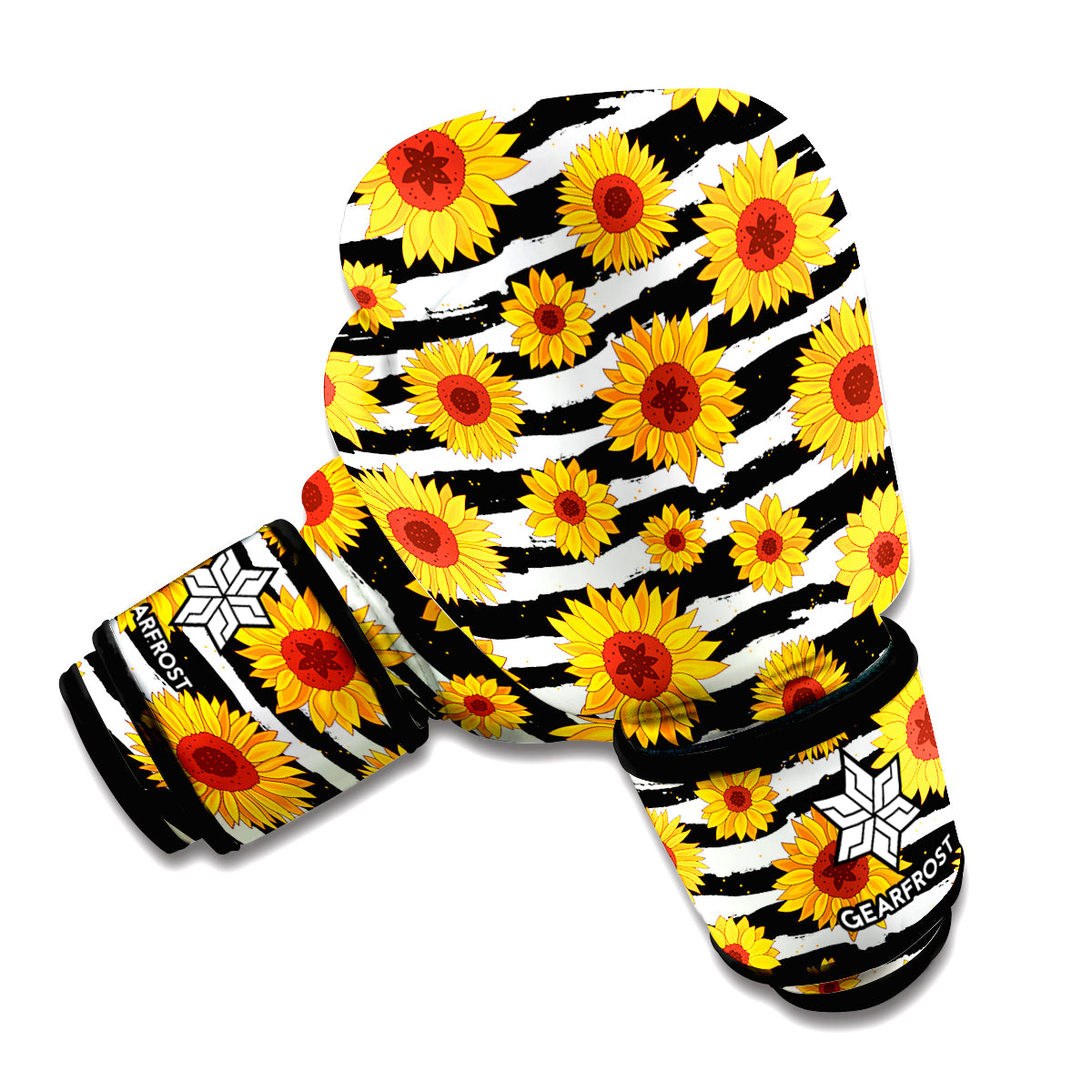 White And Black Stripe Sunflower Print Boxing Gloves