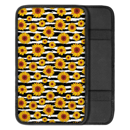White And Black Stripe Sunflower Print Car Center Console Cover