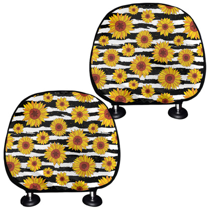 White And Black Stripe Sunflower Print Car Headrest Covers
