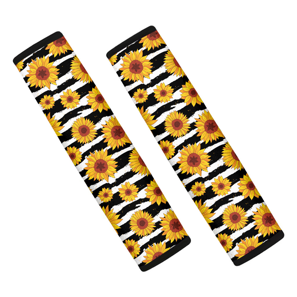 White And Black Stripe Sunflower Print Car Seat Belt Covers