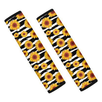 White And Black Stripe Sunflower Print Car Seat Belt Covers
