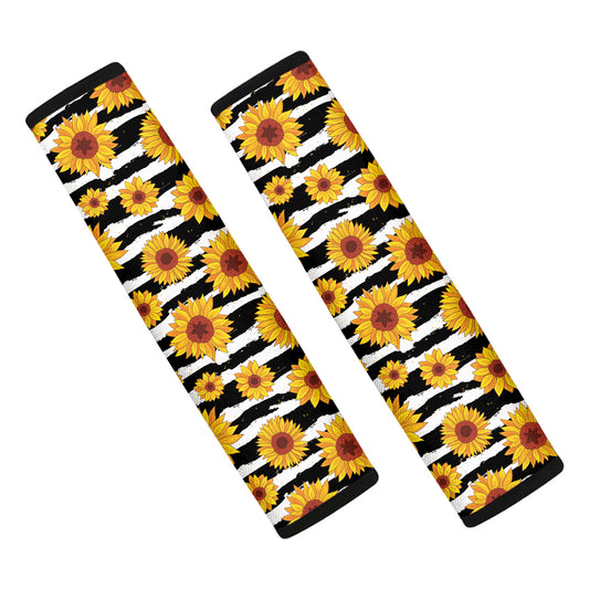 White And Black Stripe Sunflower Print Car Seat Belt Covers