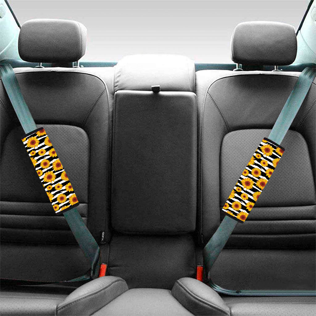 White And Black Stripe Sunflower Print Car Seat Belt Covers