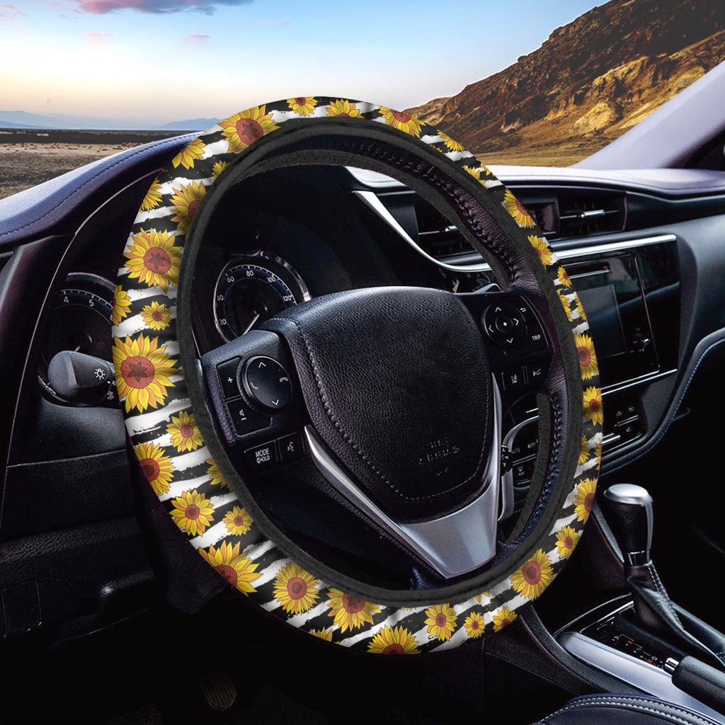 White And Black Stripe Sunflower Print Car Steering Wheel Cover