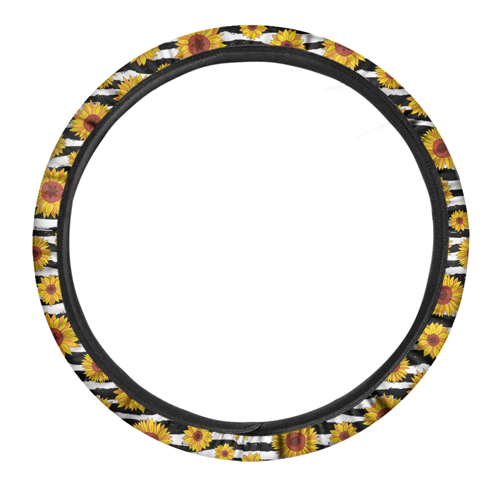 White And Black Stripe Sunflower Print Car Steering Wheel Cover