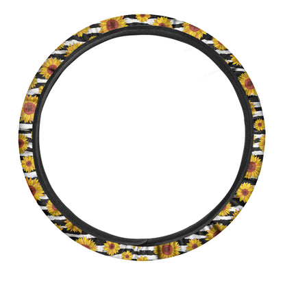 White And Black Stripe Sunflower Print Car Steering Wheel Cover