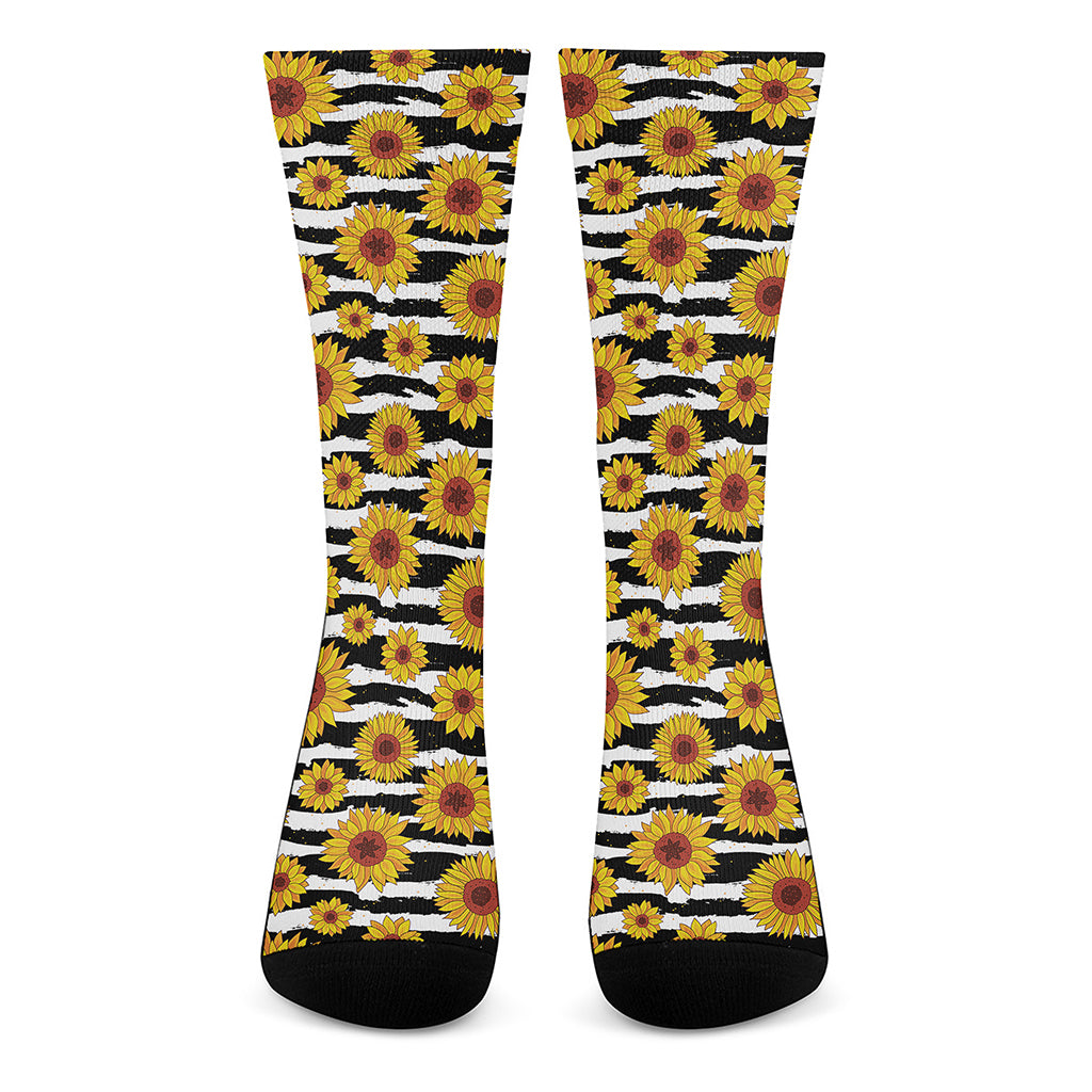 White And Black Stripe Sunflower Print Crew Socks