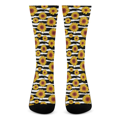 White And Black Stripe Sunflower Print Crew Socks