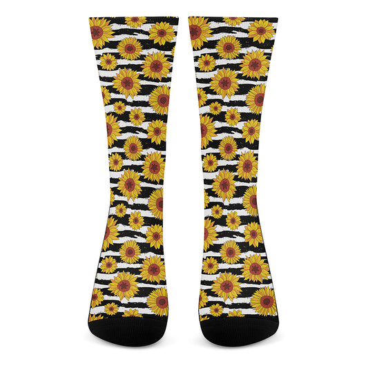 White And Black Stripe Sunflower Print Crew Socks