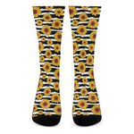White And Black Stripe Sunflower Print Crew Socks