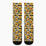 White And Black Stripe Sunflower Print Crew Socks