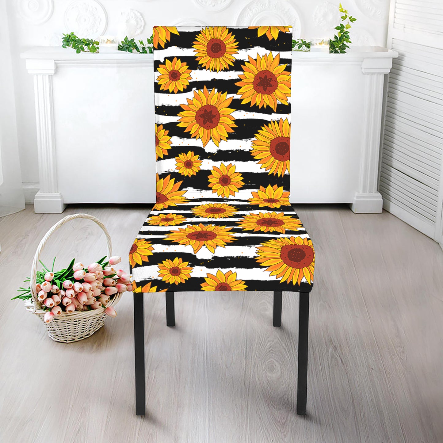 White And Black Stripe Sunflower Print Dining Chair Slipcover