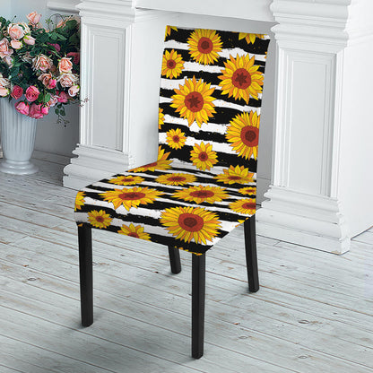 White And Black Stripe Sunflower Print Dining Chair Slipcover