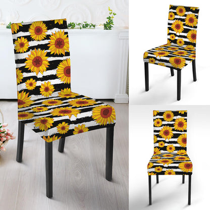 White And Black Stripe Sunflower Print Dining Chair Slipcover