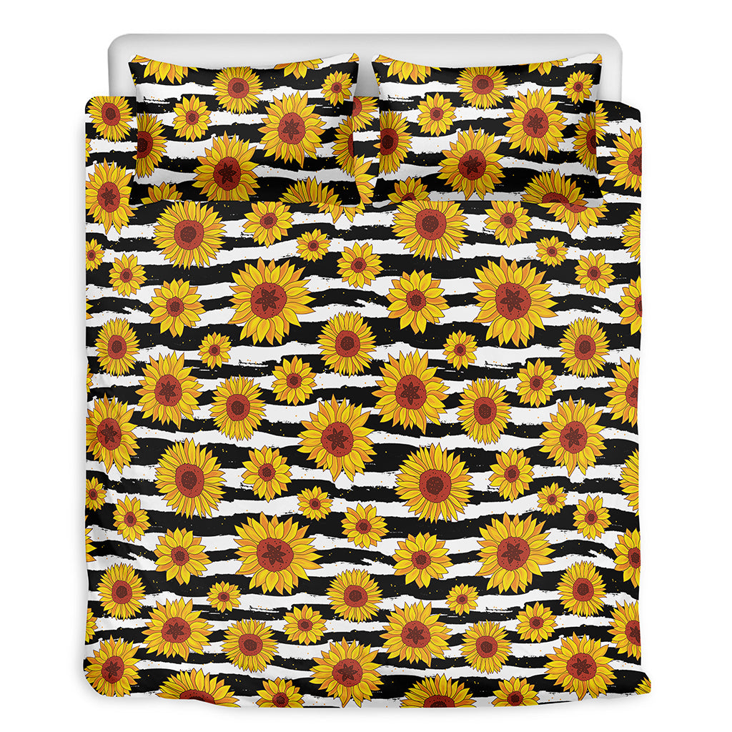 White And Black Stripe Sunflower Print Duvet Cover Bedding Set