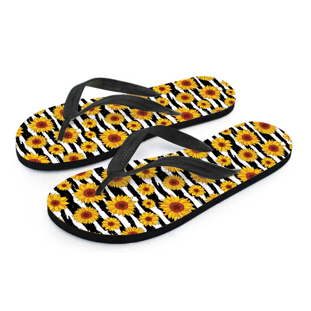White And Black Stripe Sunflower Print Flip Flops