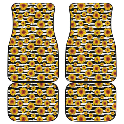 White And Black Stripe Sunflower Print Front and Back Car Floor Mats