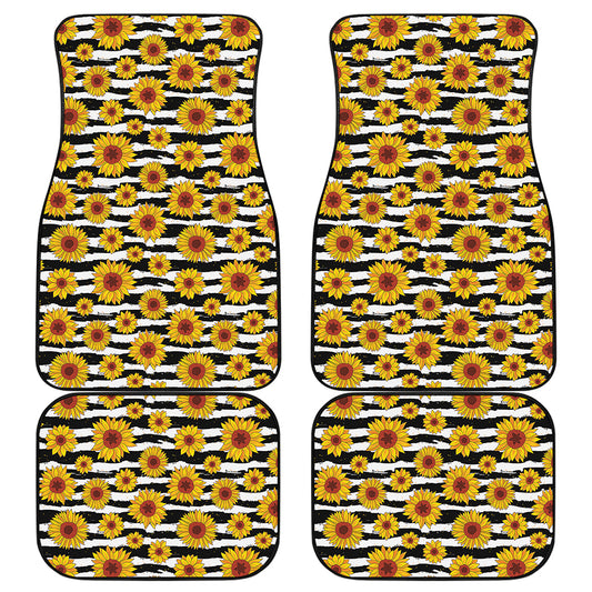 White And Black Stripe Sunflower Print Front and Back Car Floor Mats