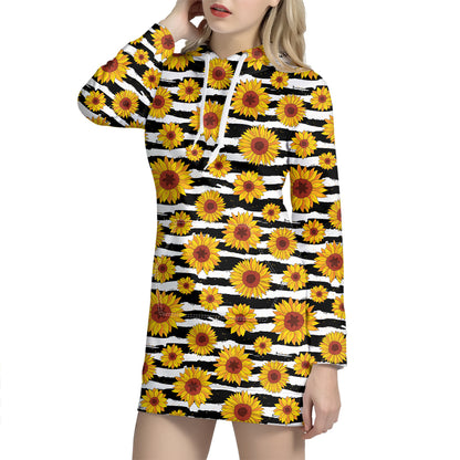 White And Black Stripe Sunflower Print Hoodie Dress
