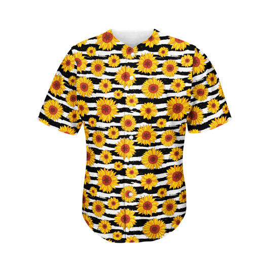 White And Black Stripe Sunflower Print Men's Baseball Jersey