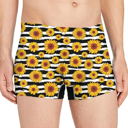 White And Black Stripe Sunflower Print Men's Boxer Briefs