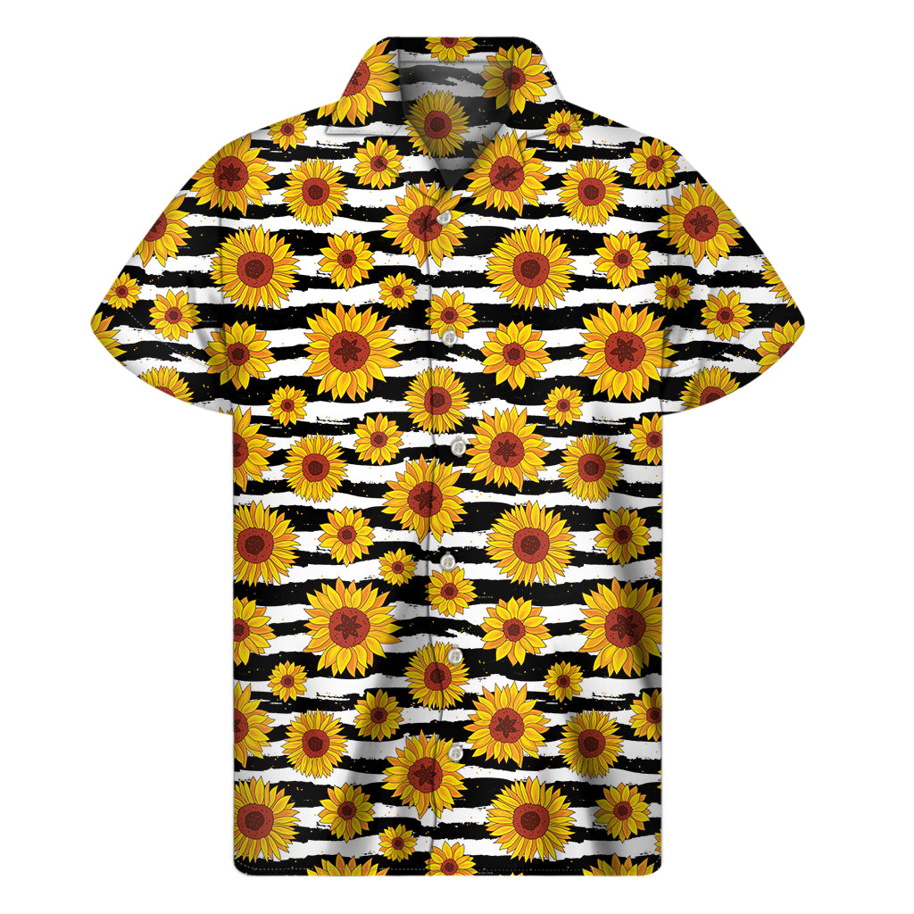 White And Black Stripe Sunflower Print Men's Short Sleeve Shirt