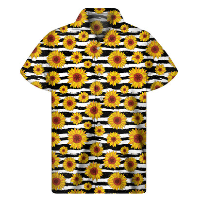 White And Black Stripe Sunflower Print Men's Short Sleeve Shirt