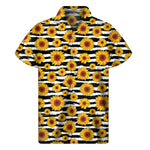 White And Black Stripe Sunflower Print Men's Short Sleeve Shirt