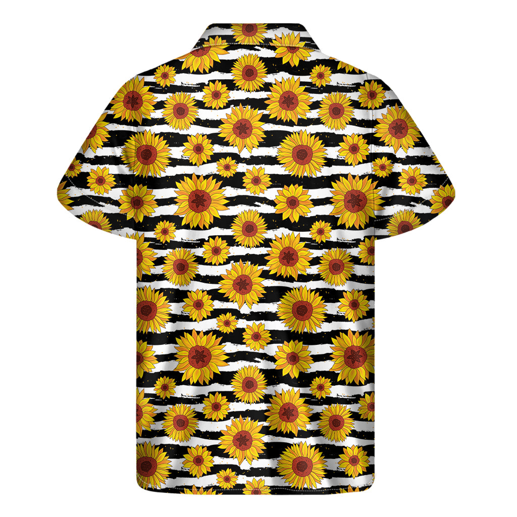White And Black Stripe Sunflower Print Men's Short Sleeve Shirt