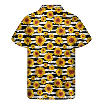 White And Black Stripe Sunflower Print Men's Short Sleeve Shirt