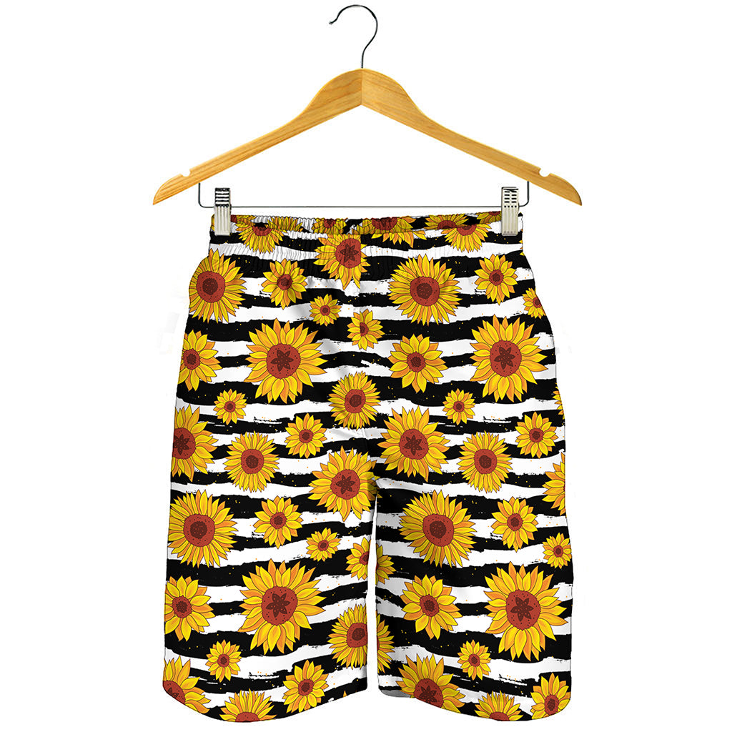 White And Black Stripe Sunflower Print Men's Shorts