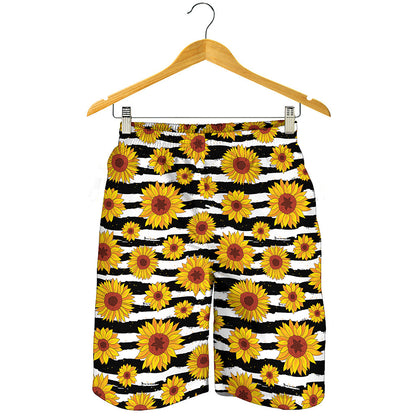 White And Black Stripe Sunflower Print Men's Shorts