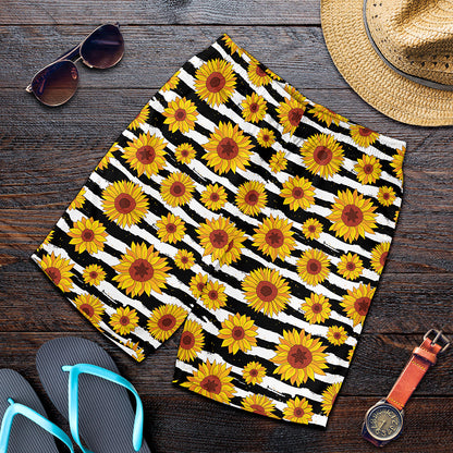 White And Black Stripe Sunflower Print Men's Shorts