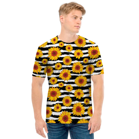 White And Black Stripe Sunflower Print Men's T-Shirt