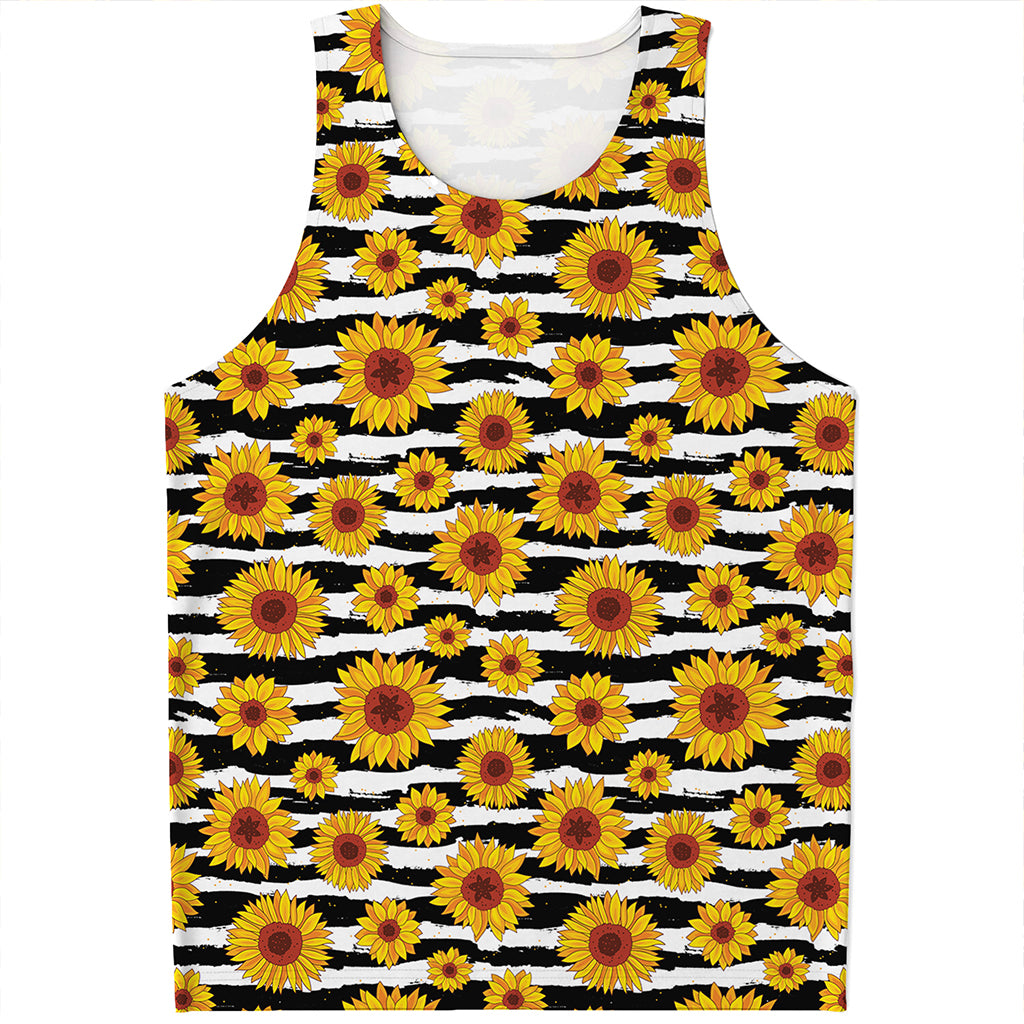 White And Black Stripe Sunflower Print Men's Tank Top