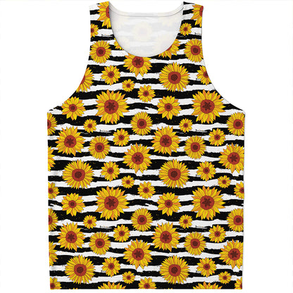 White And Black Stripe Sunflower Print Men's Tank Top