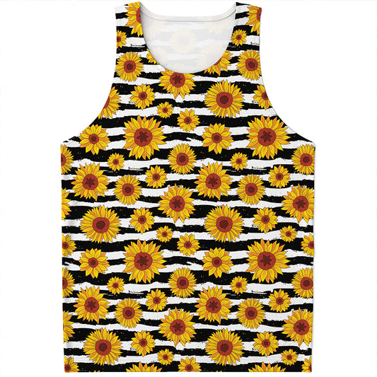 White And Black Stripe Sunflower Print Men's Tank Top