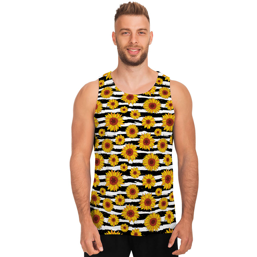 White And Black Stripe Sunflower Print Men's Tank Top