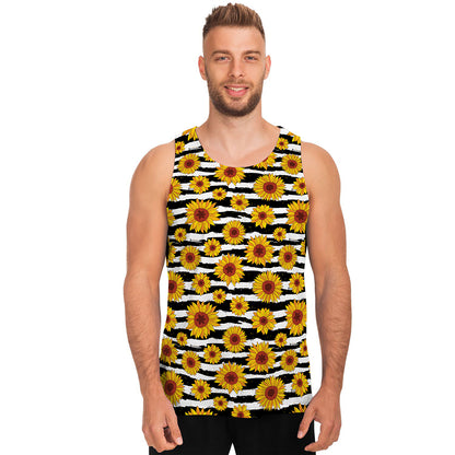 White And Black Stripe Sunflower Print Men's Tank Top